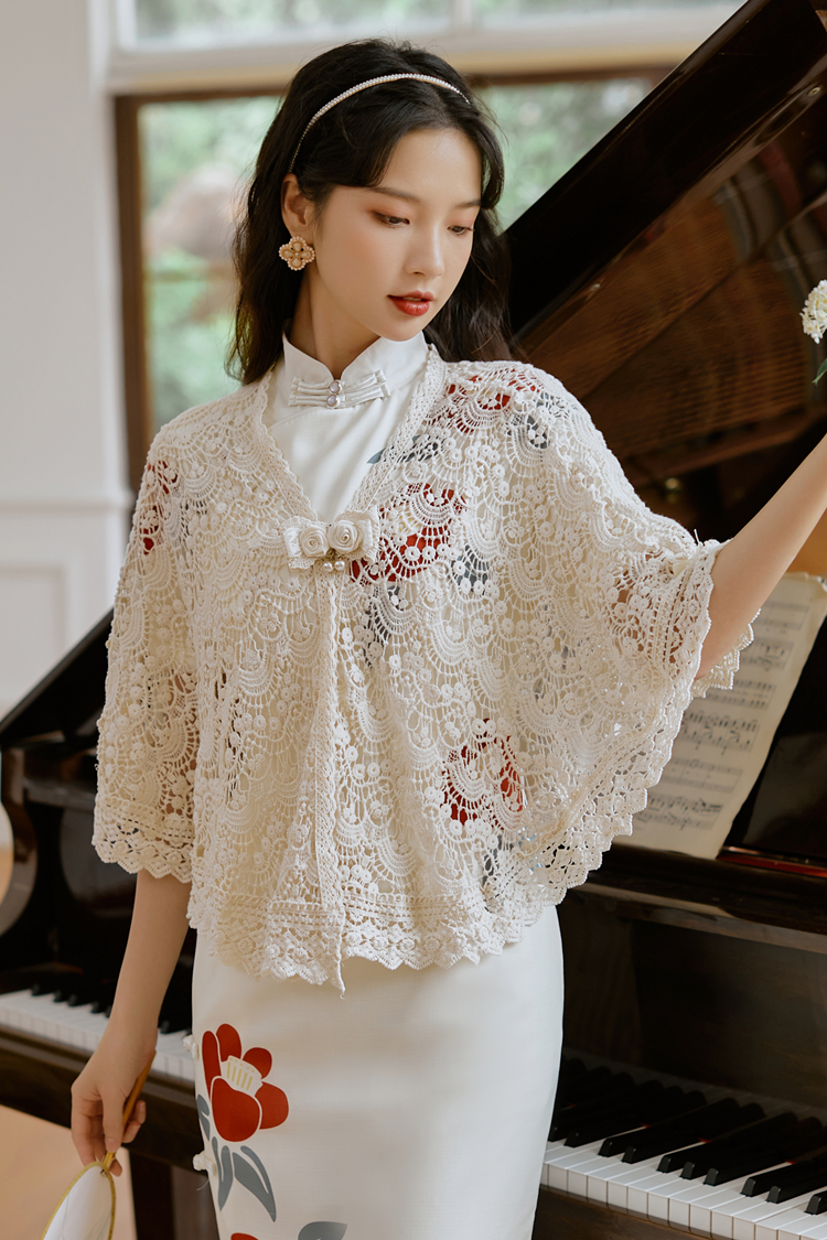 原创设计夏日新款蕾丝镂空开衫披肩外套百搭复古短款女式外搭旗袍