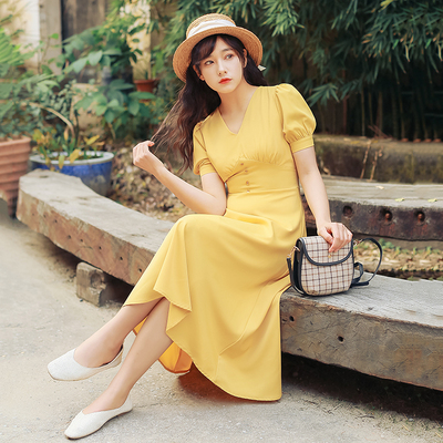 法式桔梗裙黄色收腰显瘦气质很仙的法国小众裙子女夏连衣裙
