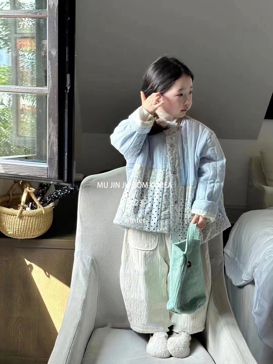 韩系女童棉服2023新款洋气蓝色碎花拼接显白森系加绒加厚保暖棉服