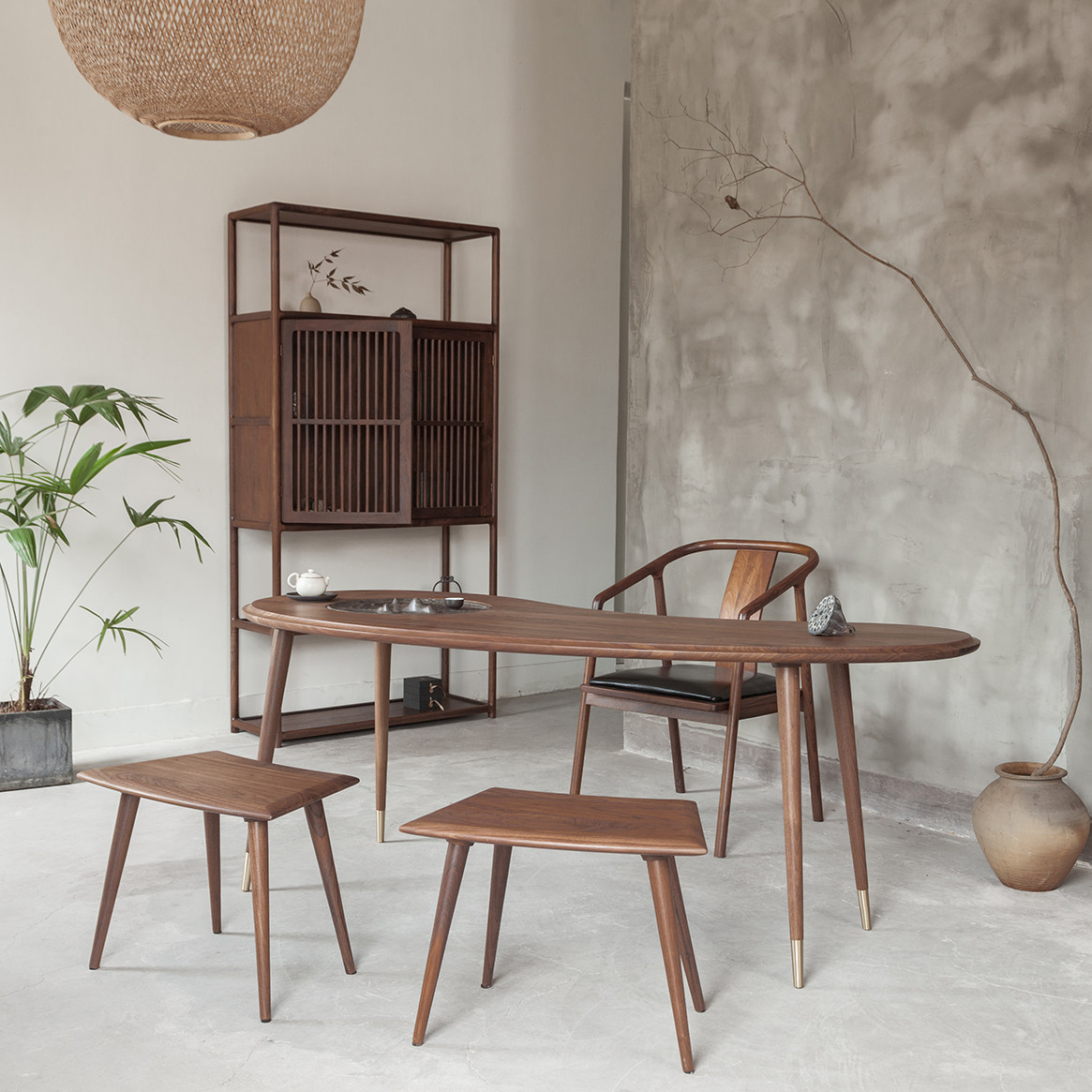 几何新中式书桌黑胡桃茶桌办公桌实木禅意家具带铜轻奢茶台书法桌