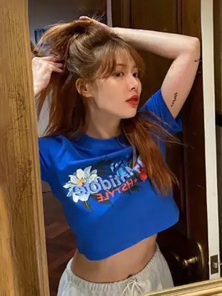 辣妹甜酷上衣金泫雅同款2022夏季韩版修身露脐短款印花短袖t恤女