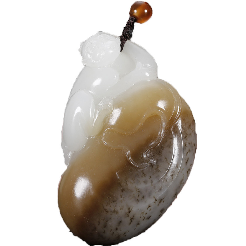 省级玉雕大师芮鹏作品 和田玉糖羊脂白玉 生肖猴挂件 60克 a0189
