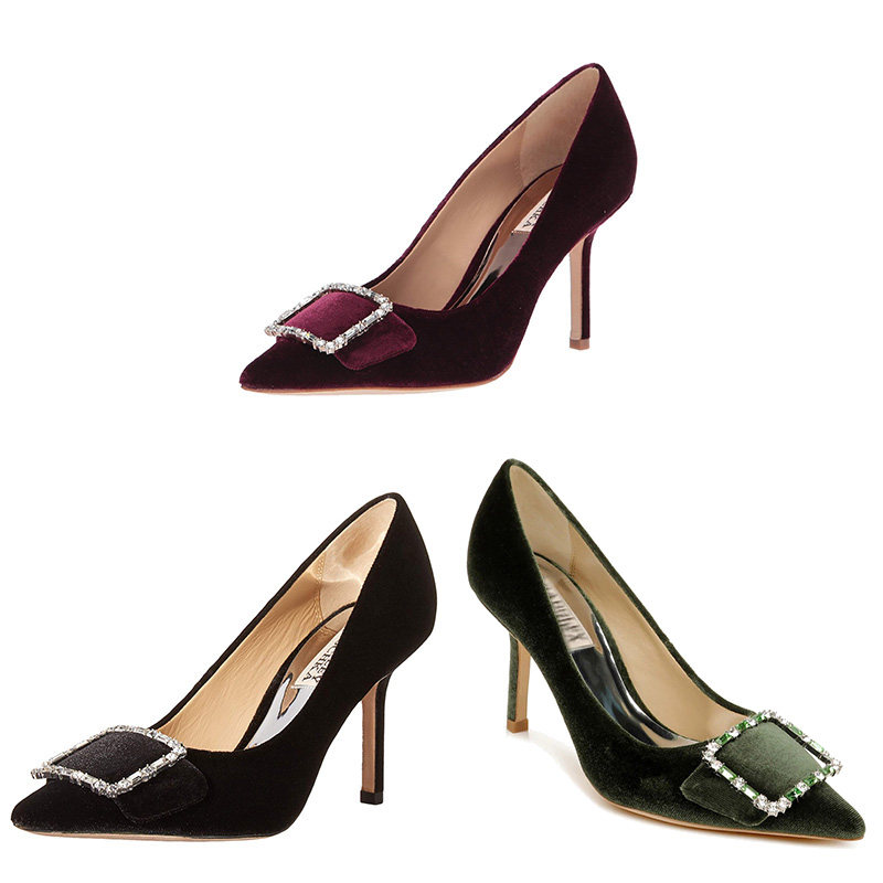 欧美高跟鞋b款秋季方扣水钻真丝绒真皮尖头浅口细跟时装婚宴单鞋