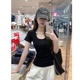 设计感小众正肩U领纯棉短袖T恤女夏美式复古辣妹短款修身显瘦上衣