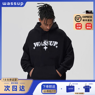 WASSUP黑色重磅加绒卫衣男款2023秋冬美式复古连帽衫oversize外套