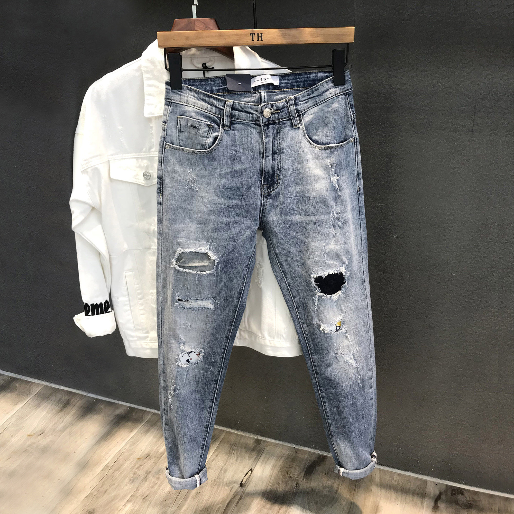 乞丐裤男破洞刮烂修身