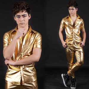 夏季白衬衫男士短袖韩版修身纯色休闲金色短袖衬衣职业衣服舞台