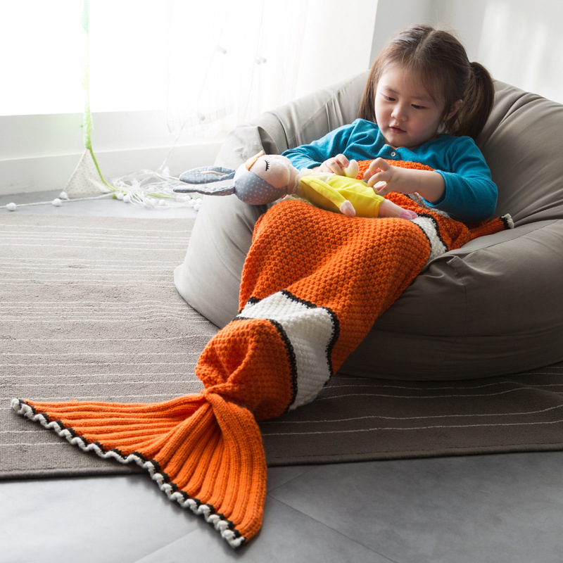 新款可爱儿童尼莫鱼尾小丑鱼毯子 针织线毯新款沙发盖毯鱼尾巴毯