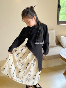 女童旗袍斜襟复古中国风水墨画不对称半身裙长款新中式小女孩套装