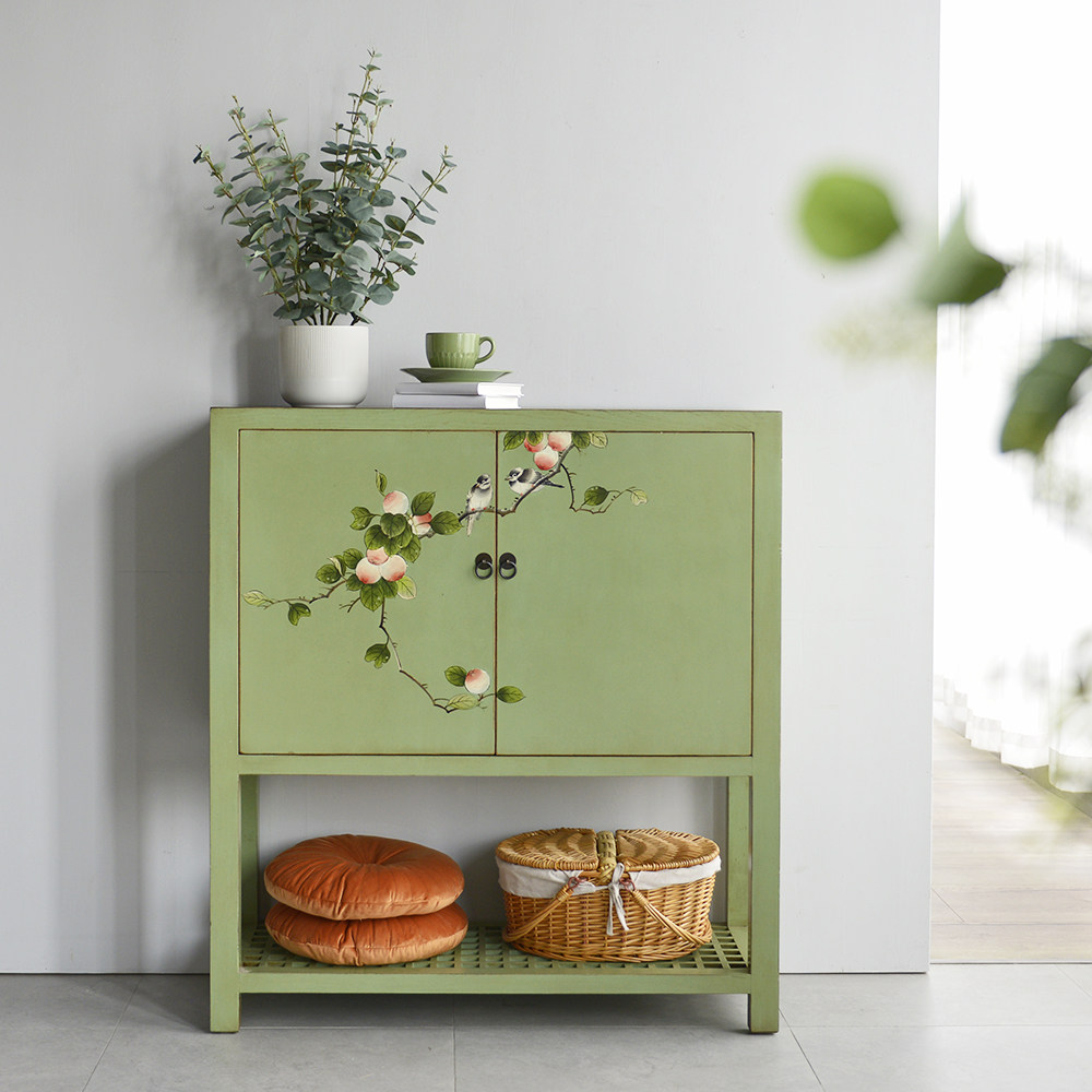 gz011 新中式实木描花手绘进门多层收纳柜玄关装饰柜餐边柜储物柜