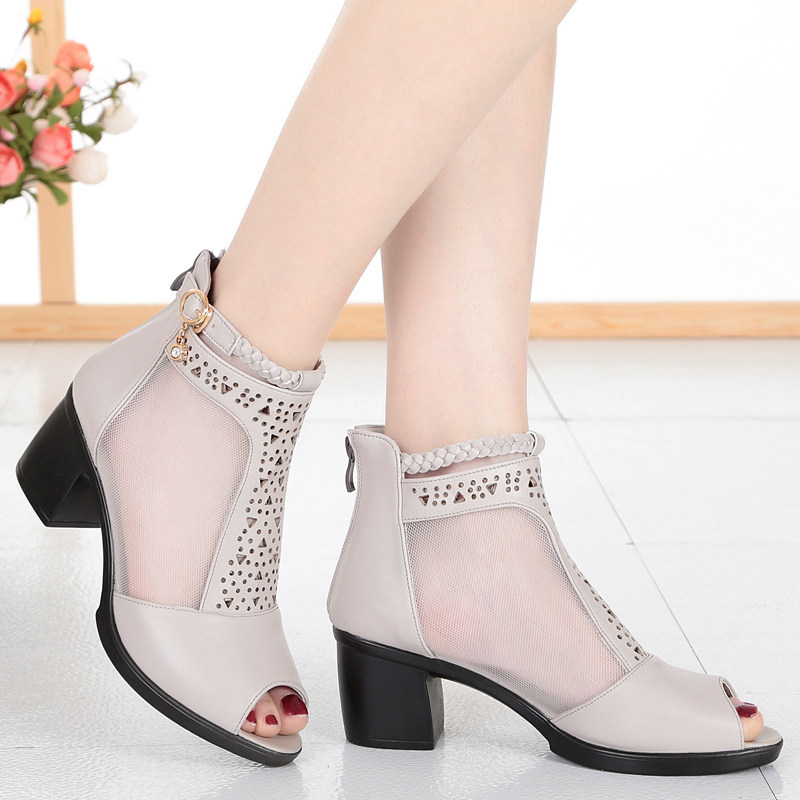 春夏新款鱼嘴网鞋中粗跟凉靴女凉鞋