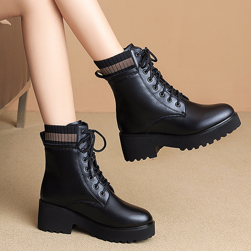 真皮马丁靴女秋冬加绒纯皮女士皮鞋中跟厚底时尚流行小个子短靴棉