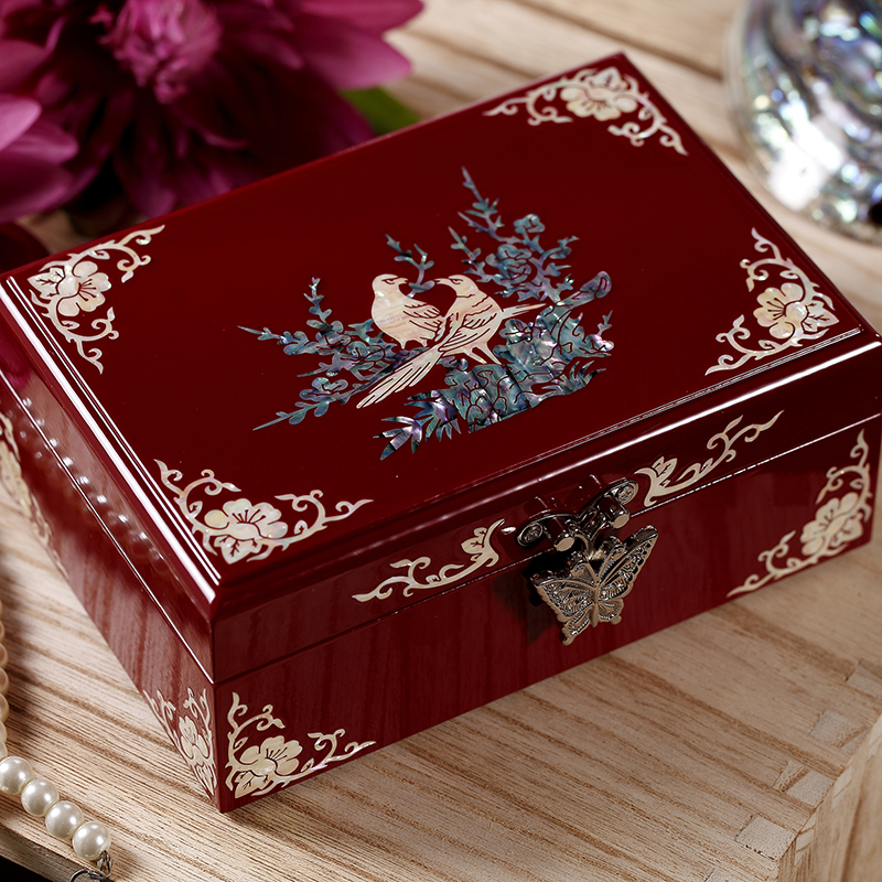 仿古螺钿漆器首饰盒小木质手饰品珠宝收纳盒简约欧式结婚礼物家居