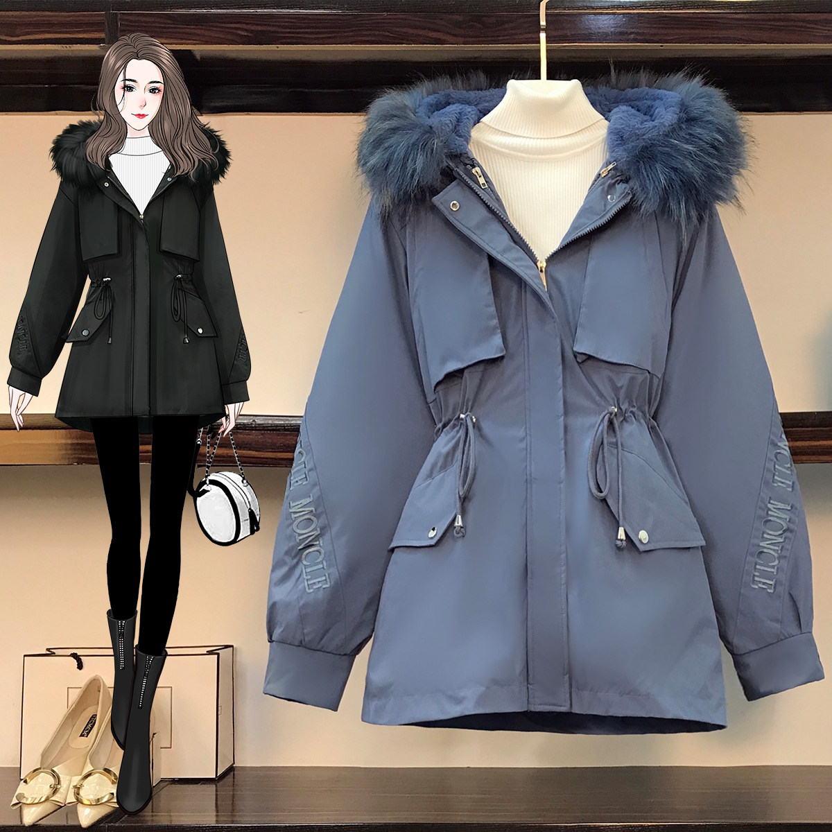 冬季新款派克服可拆卸内胆一衣三穿大毛领加厚衣外套_亿莎妮大码女装