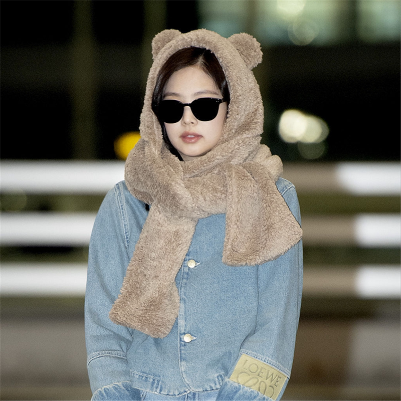 一折围脖一体帽女_韩国jennie同款小熊帽子围巾连体羊羔绒熊耳朵帽