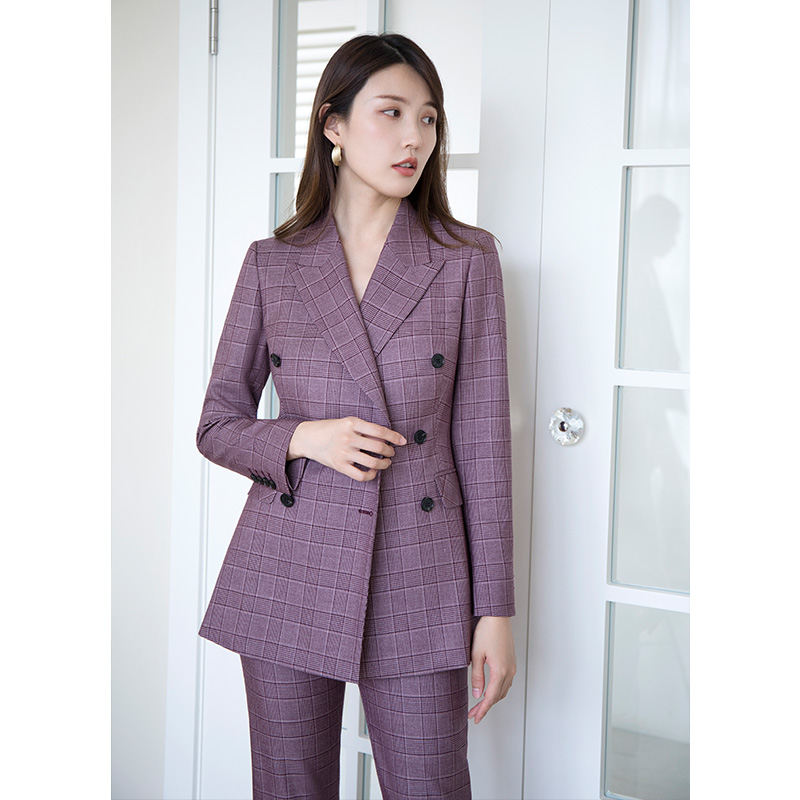 欧范格子双排扣西装套装女春夏修身气质正装女套装职业气质女神范