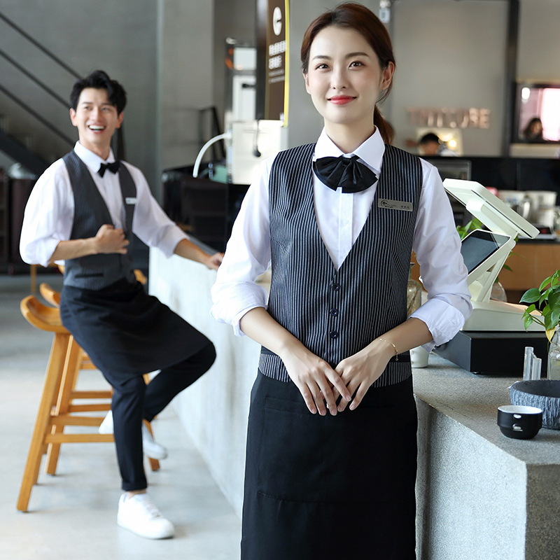 酒吧前台ktv奶茶马甲秋冬装 咖啡西餐厅酒店服务员工作服围裙长袖