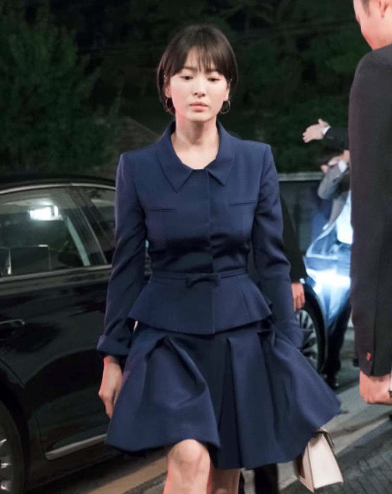 2020春夏新款宋慧乔街拍藏蓝色蝴蝶结韩系复古风修身短外套