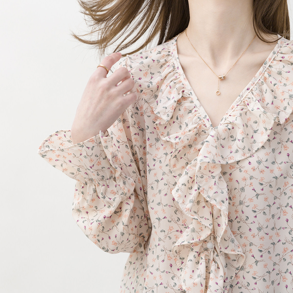 相见时候/早安日记v领碎花雪纺衬衫女夏季薄款宽松荷叶边长袖衬衣