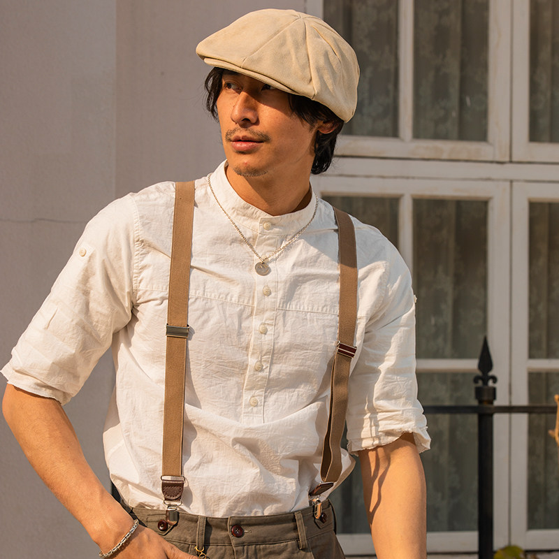 soarin独立复古设计感衬衫男 英伦风休闲七分袖白色衬衣立领上衣