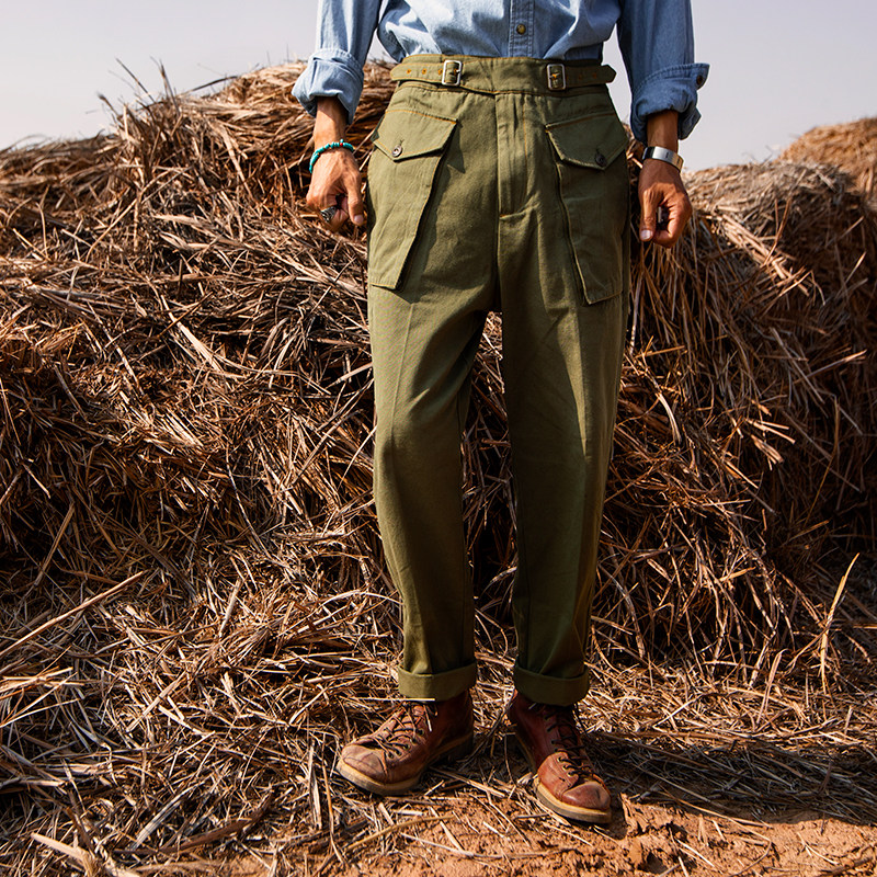 soarin美式复古廓尔格军裤男 阿美咔叽重磅直筒口袋工装九分裤子