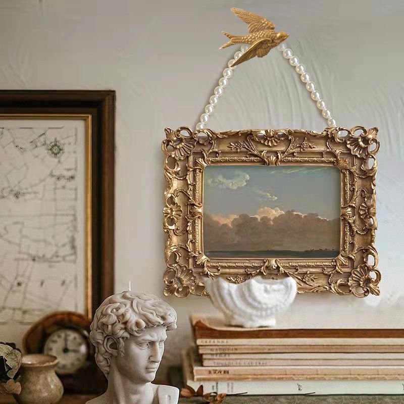 法式古典艺术雕花金色镂空树脂相框7寸中古画框带珍珠链挂画壁画