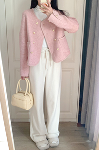 超好看粉色双面羊绒大衣女短款2024春秋新款高级感小香风羊毛外套