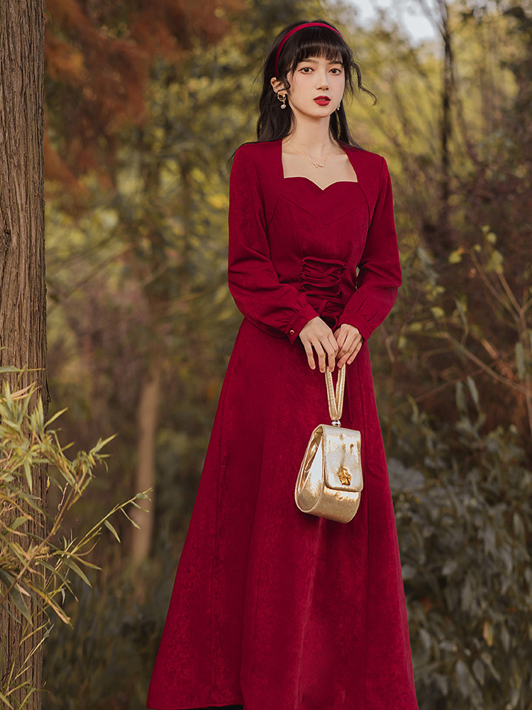 实拍现货宫廷复古红色连衣裙晚宴年会礼服 上架 40