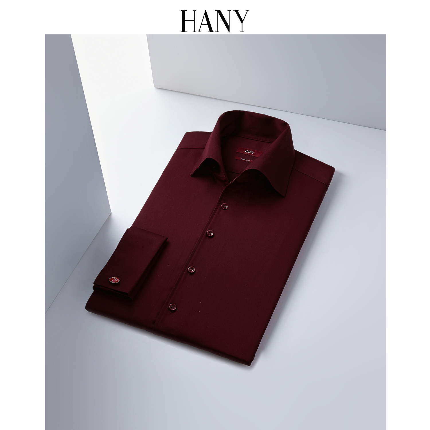【断码清仓】HANY汉尼意式一片领法式衬衫男长袖酒红色男士衬衣