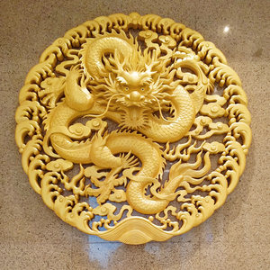 定做新品手工双龙雕刻 东阳木雕 香樟木圆形仿古挂件屏风客厅壁挂