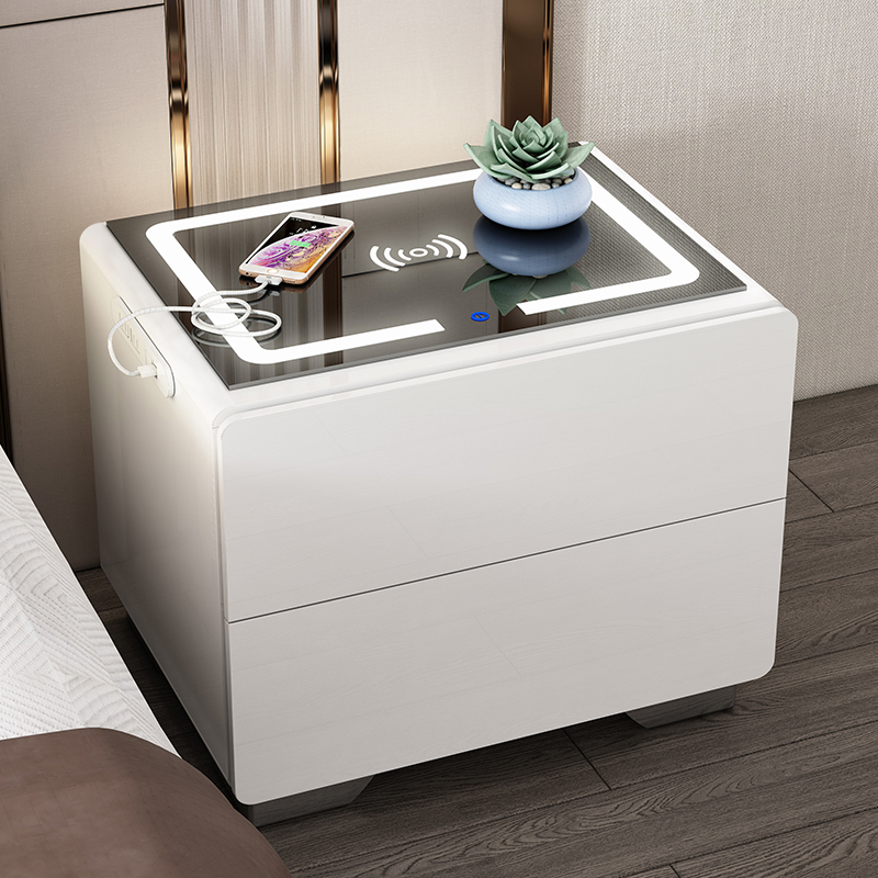 简约现代床头柜智能无线充电北欧卧室白色烤漆多功能储物柜收纳柜