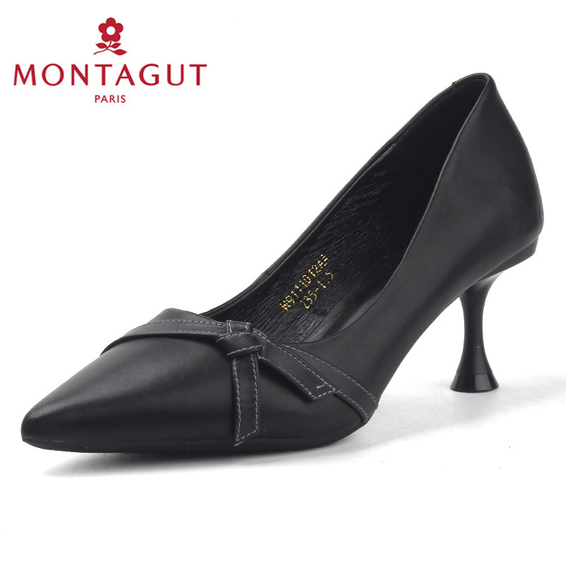 梦特娇女鞋通勤黑色工作鞋2019春夏新款尖头甜美细跟浅口真皮单鞋