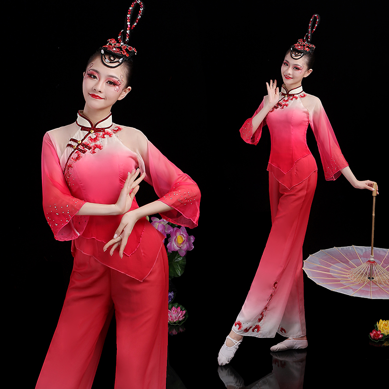 秧歌服女2021新款映山红民族风喜庆扇子舞蹈服装演出服广场舞套装