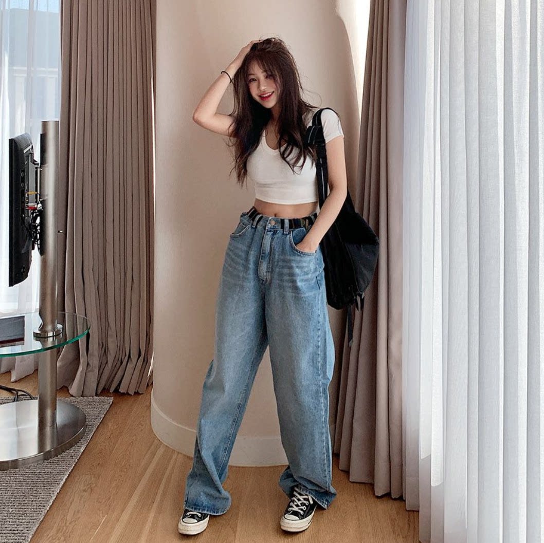 韩国泫雅裤复古风慵懒个性腰带宽松bf风拖地阔腿牛仔长裤