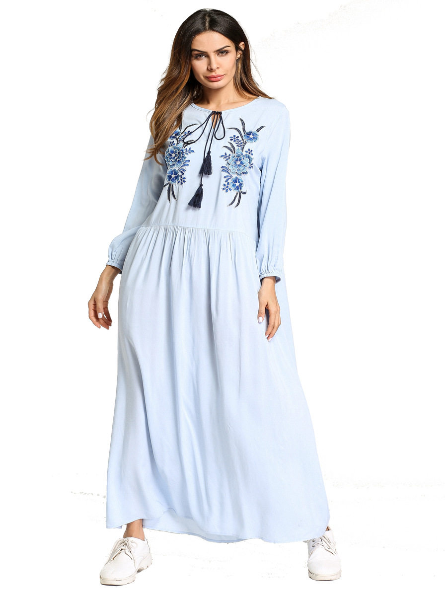 长到脚踝的裙子穆斯林欧洲站刺绣大摆裙迪拜服装女尼泊尔风情长裙