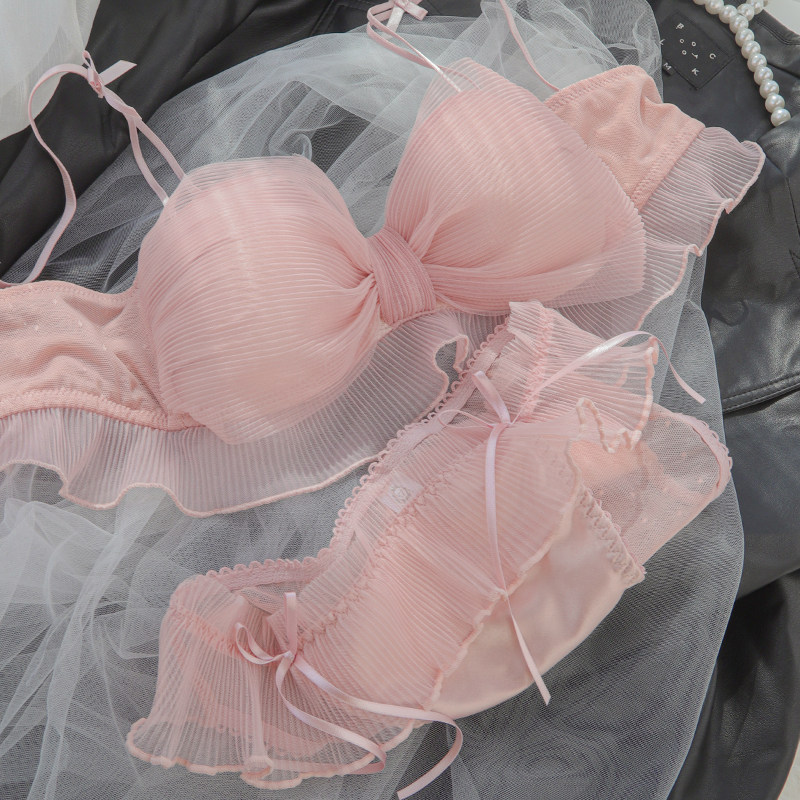 无钢圈聚拢小胸抹胸式少女内衣蕾丝性感薄款纯欲粉色胸罩可爱舒适