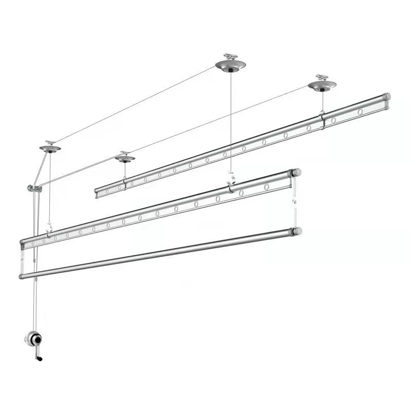三杆式升降晾衣架手摇双杆式加筋加厚铝合金晾衣杆银色香槟晒衣架