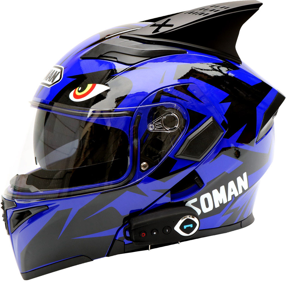 头盔带角_摩托车头盔男女全盔带蓝牙耳机内置对机车骑行牛角奎灰冬季