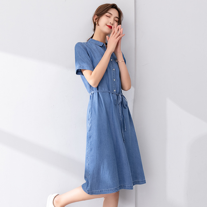 忆霏连衣裙夏季女士新款柔软舒适轻薄透气高腰短袖蓝色天丝牛仔裙