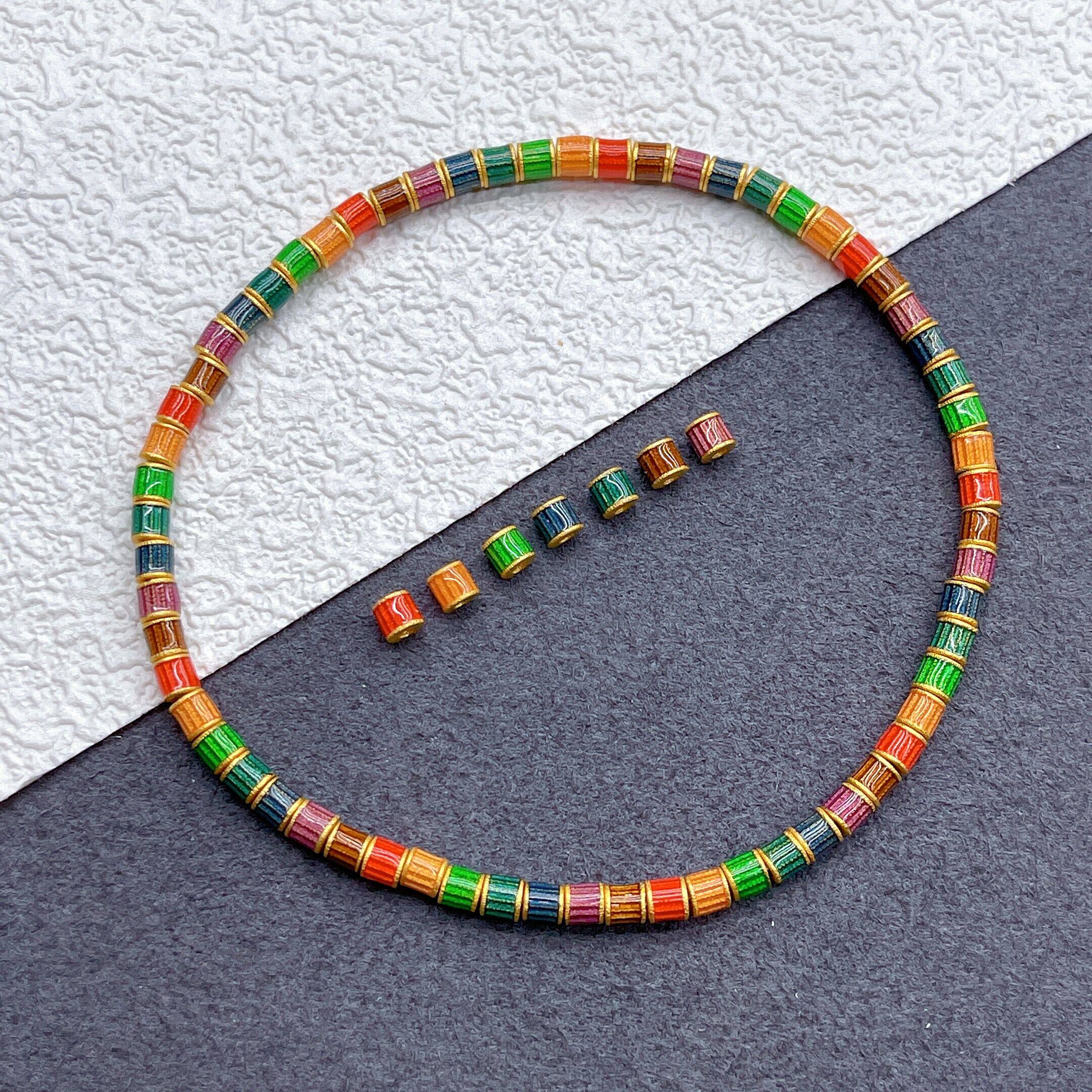 925古法银镀金配件烧蓝彩虹小桶珠路路通diy手工串珠编绳配饰黄金