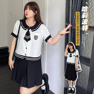 2022加大码女装韩版学院风减龄套装胖妹妹夏款撞色两件套200斤潮