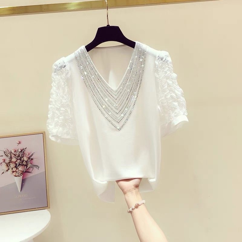 PF14368# 韩国重工V领短袖T恤女夏新款设计感泡泡袖洋气法式烫钻上衣潮