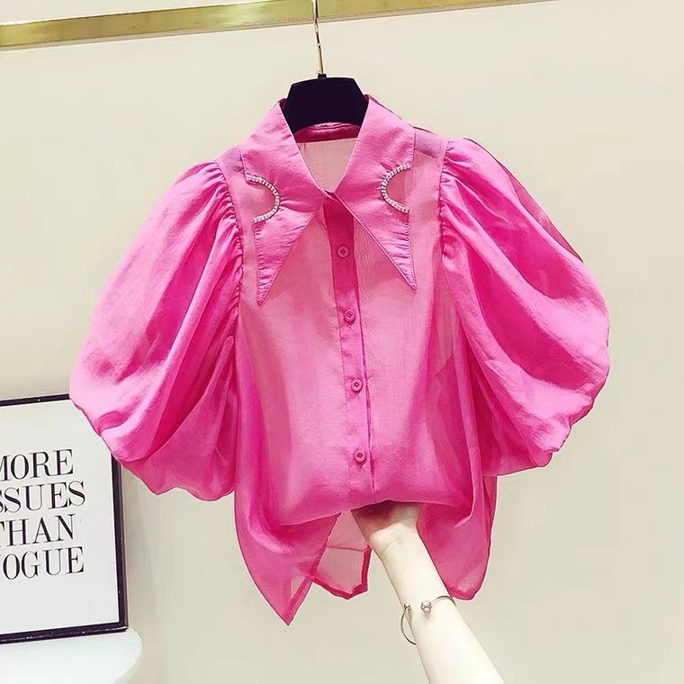 PF14367# 欧货娃娃领镶钻灯笼袖白色衬衫女夏季洋气设计感上衣小众港风chic