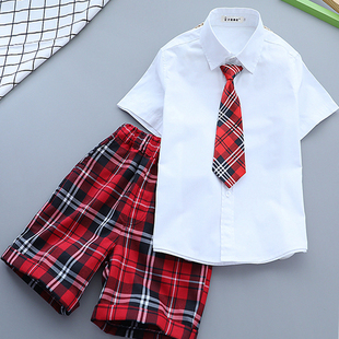 男童短裤套装女孩中大童幼儿园服红格子中裤小学生夏季班服毕业照