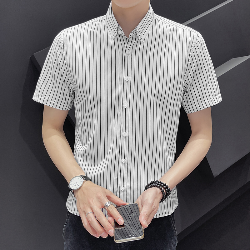 夏季条纹衬衫男短袖薄款韩版修身男士帅气百搭衬衣2002-cs133.