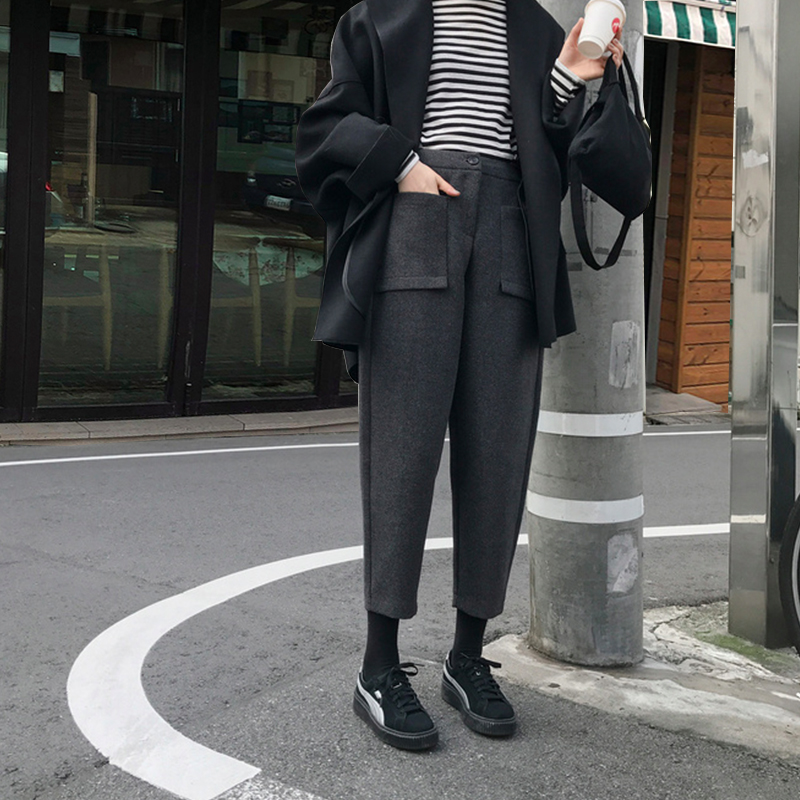 一折萝卜裤女冬毛呢 胖mm 高腰