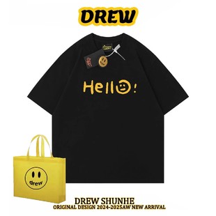 Drew笑脸hello字母小众潮牌美式高街夏季纯棉宽松情侣FOG短袖T恤