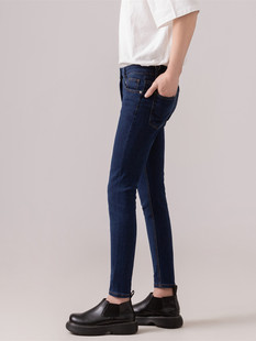 新款时尚新款高弹性深色紧身牛仔裤男蓝色修身小脚铅笔裤长裤