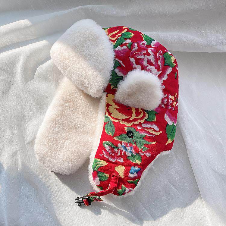 雷锋帽女冬季复古保暖可爱护耳棉帽子男潮青年民族风东北大老花布