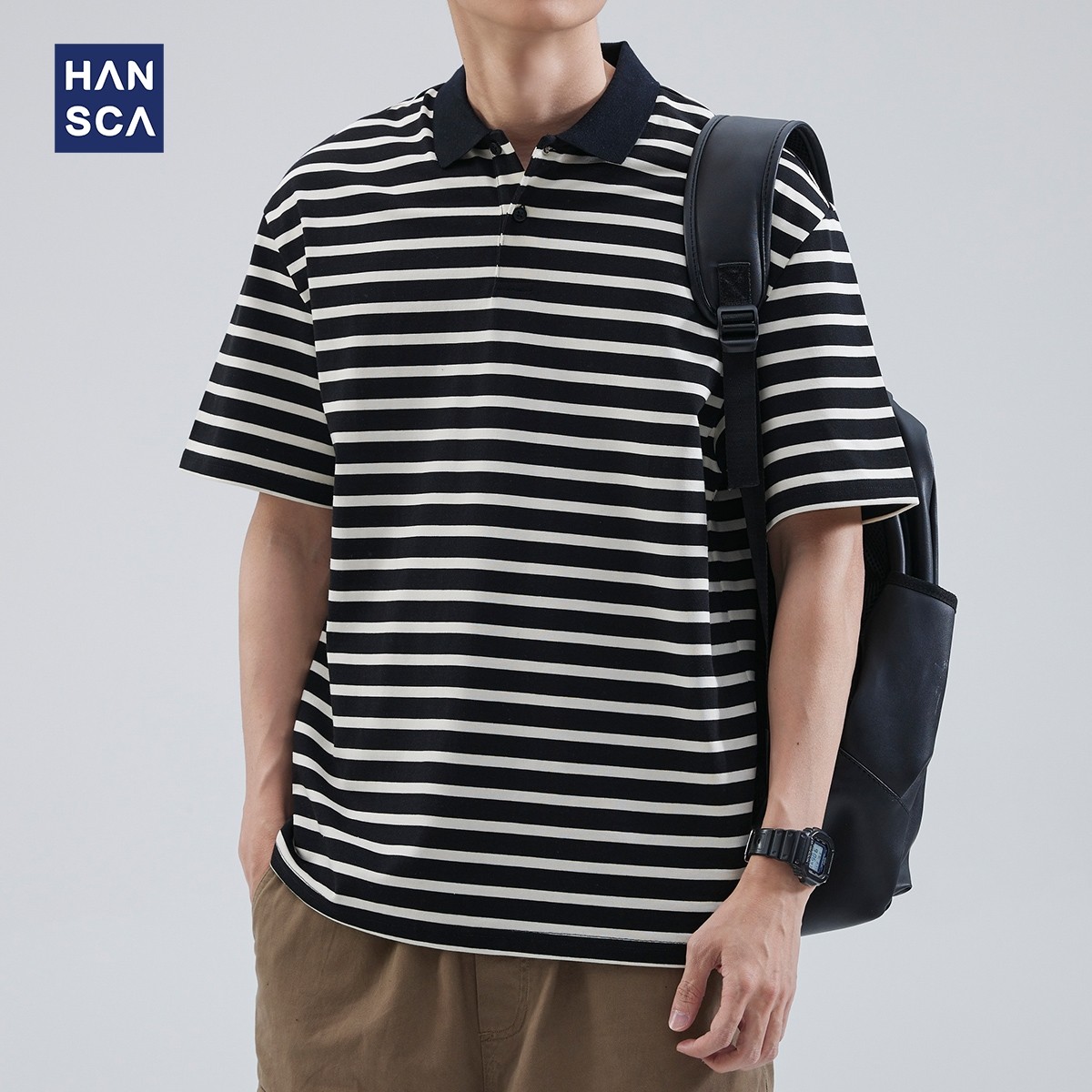 hansca 黑白条纹polo衫短袖男款夏季美式宽松休闲商务翻领半袖t恤